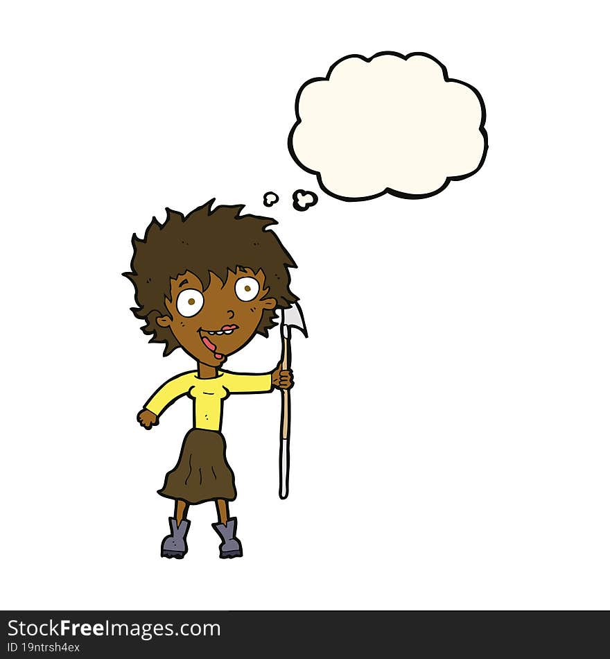 cartoon crazy woman with spear with thought bubble