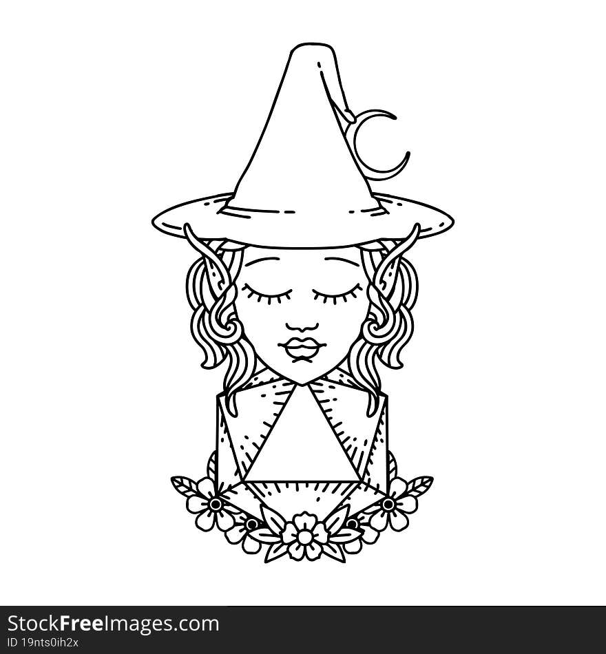 Black and White Tattoo linework Style elf mage character with natural twenty dice roll. Black and White Tattoo linework Style elf mage character with natural twenty dice roll