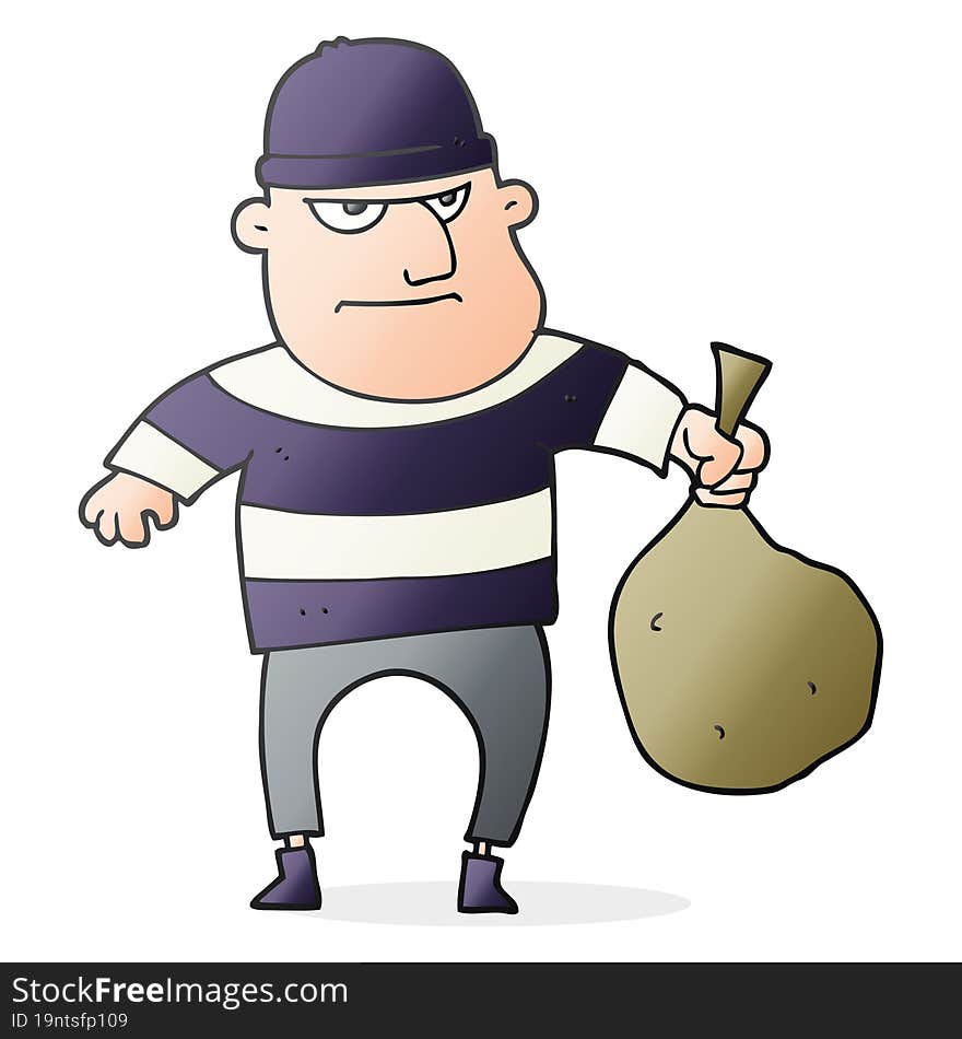 Cartoon Burglar With Loot Bag