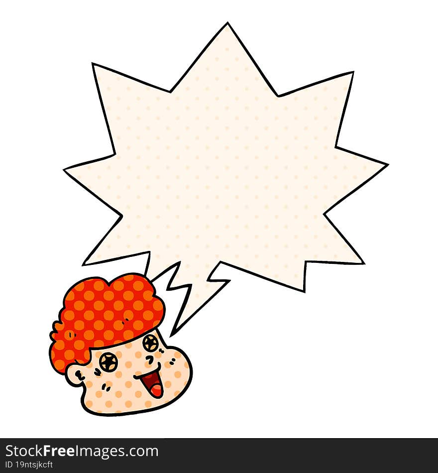 cartoon boy\'s face with speech bubble in comic book style