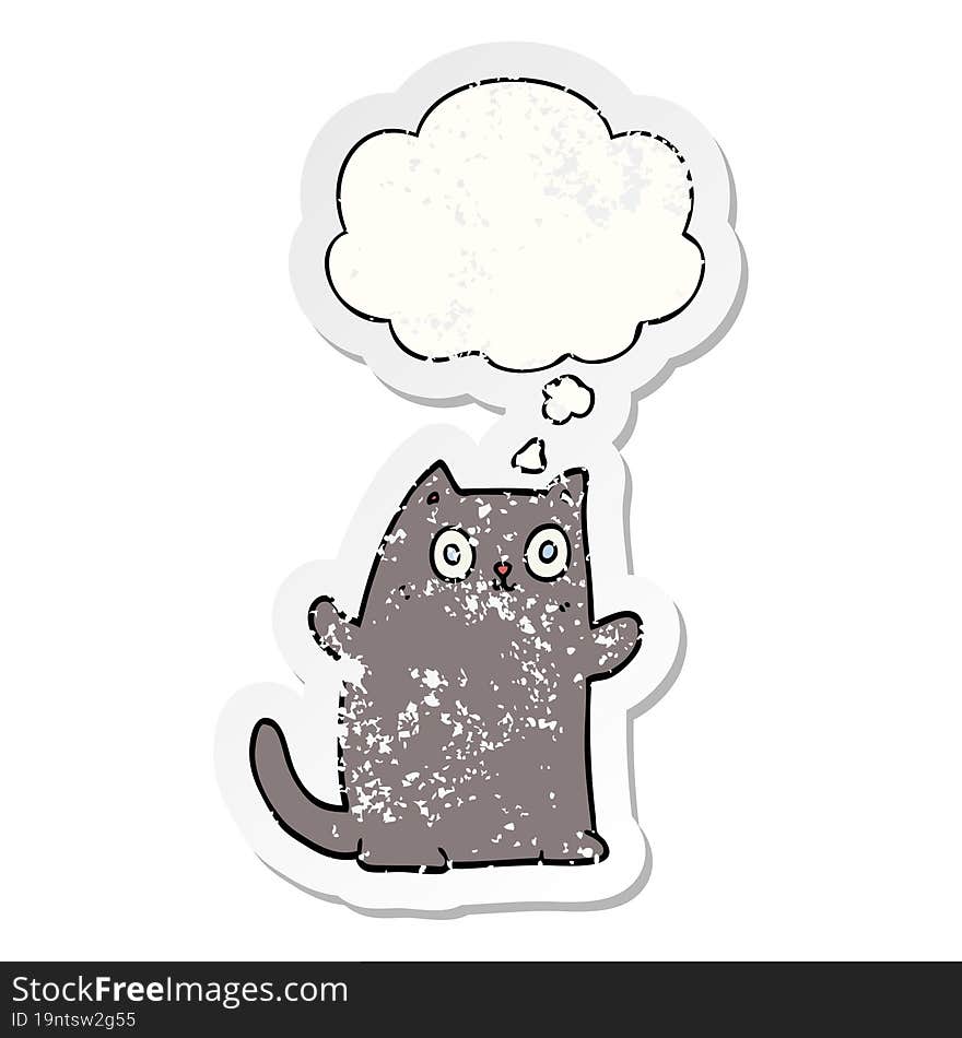 cartoon cat and thought bubble as a distressed worn sticker