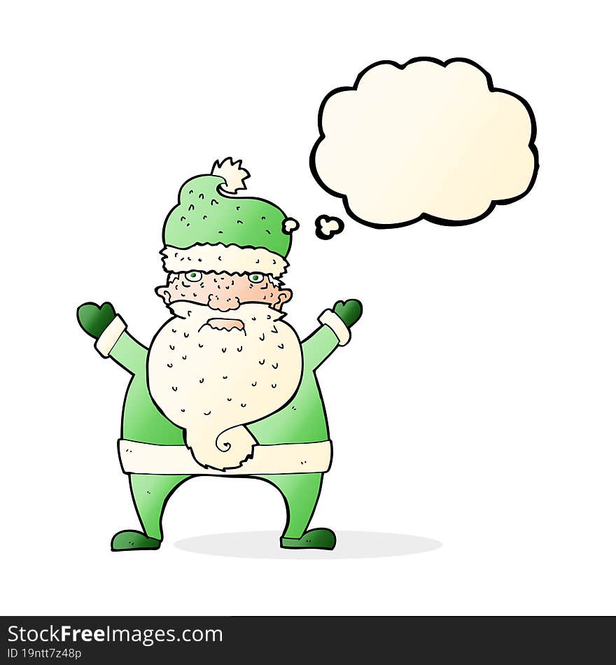 cartoon ugly santa claus with thought bubble