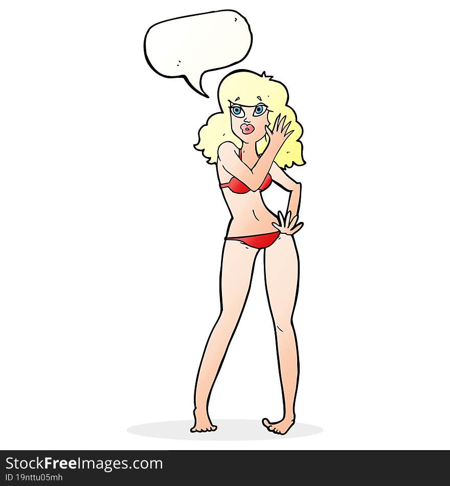 cartoon pretty woman in bikini with speech bubble