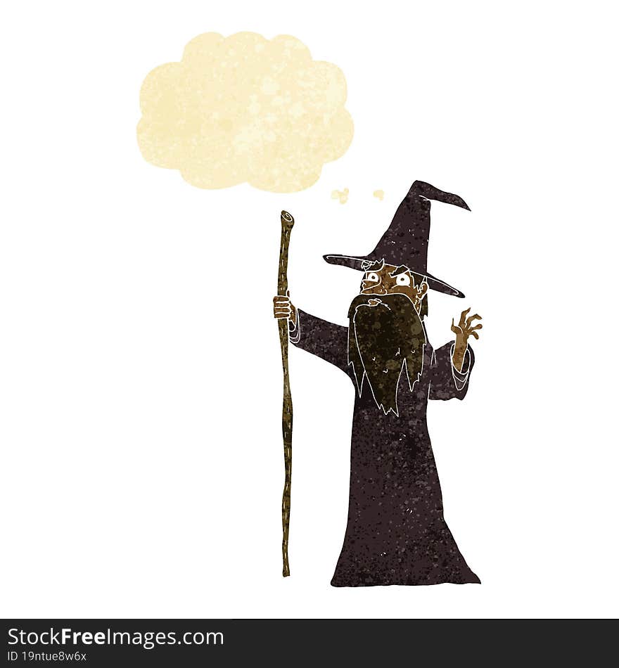 cartoon spooky wizard with thought bubble