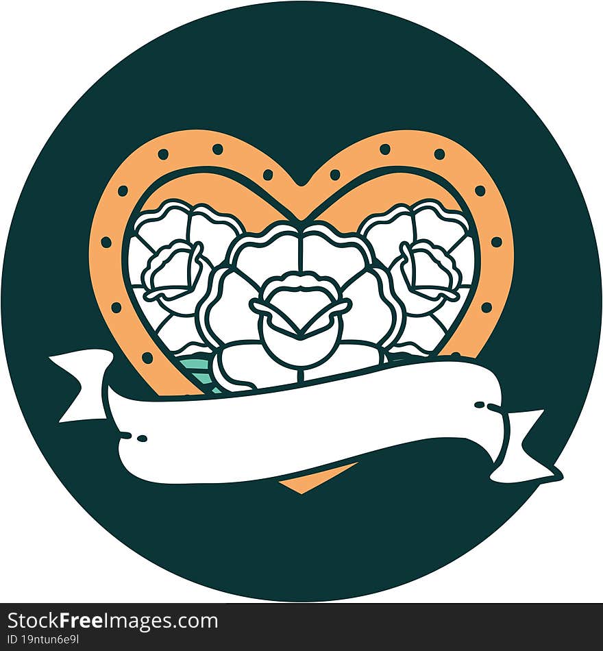 iconic tattoo style image of a heart and banner with flowers. iconic tattoo style image of a heart and banner with flowers