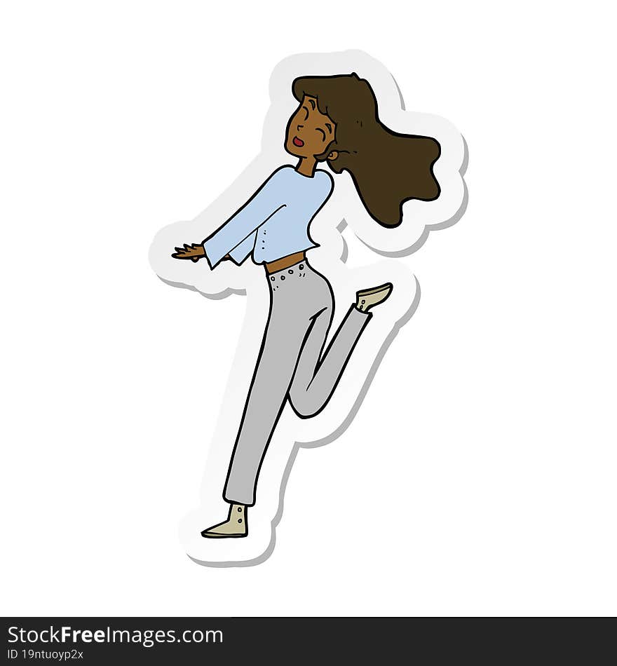 sticker of a cartoon happy girl kicking out leg