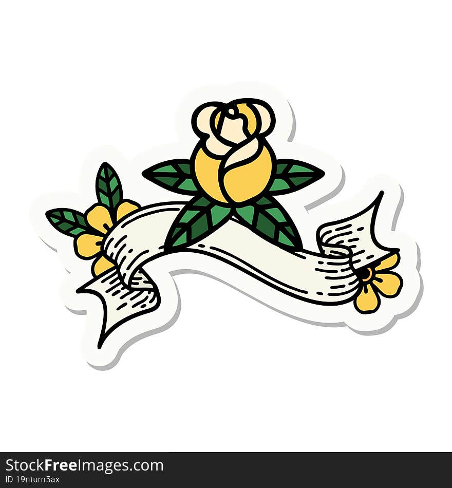 tattoo style sticker with banner of a single rose