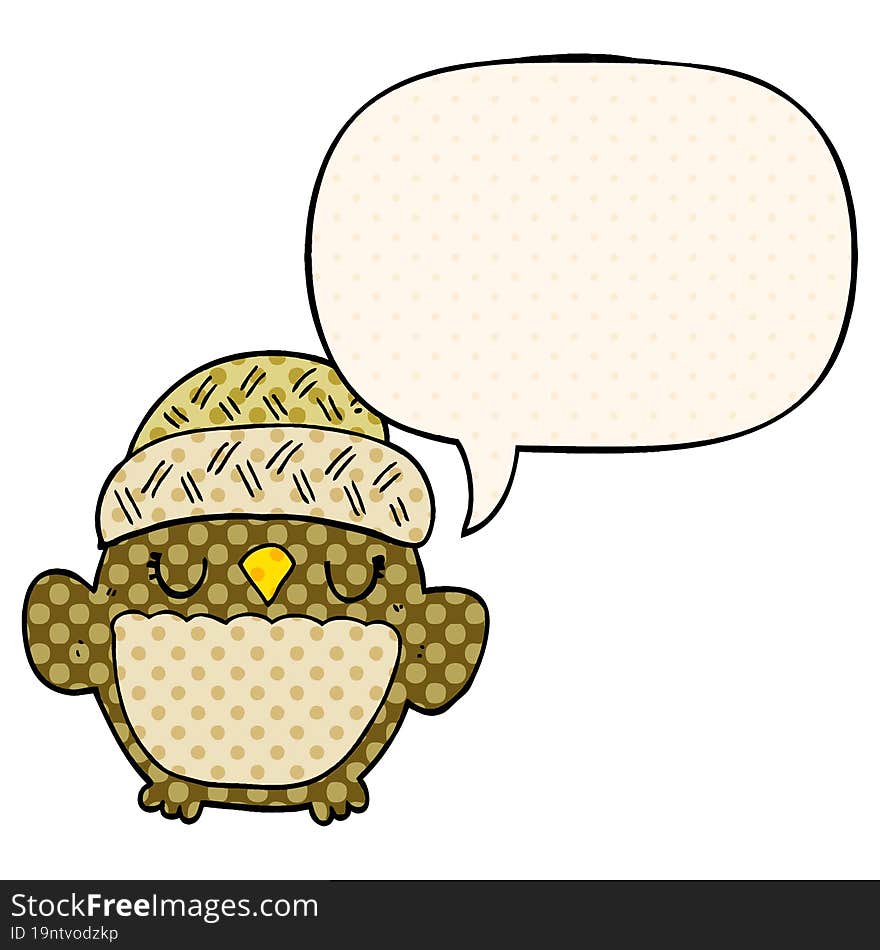 cute cartoon owl in hat with speech bubble in comic book style