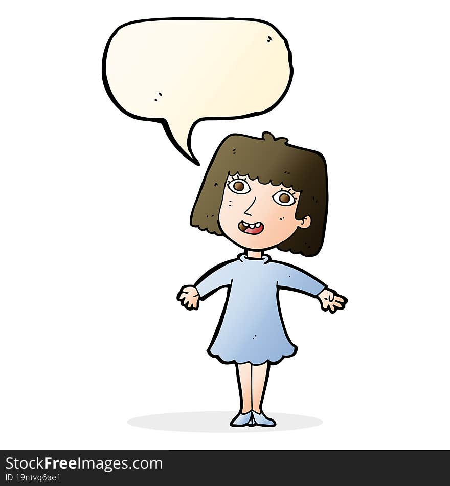 cartoon happy woman in dress with speech bubble