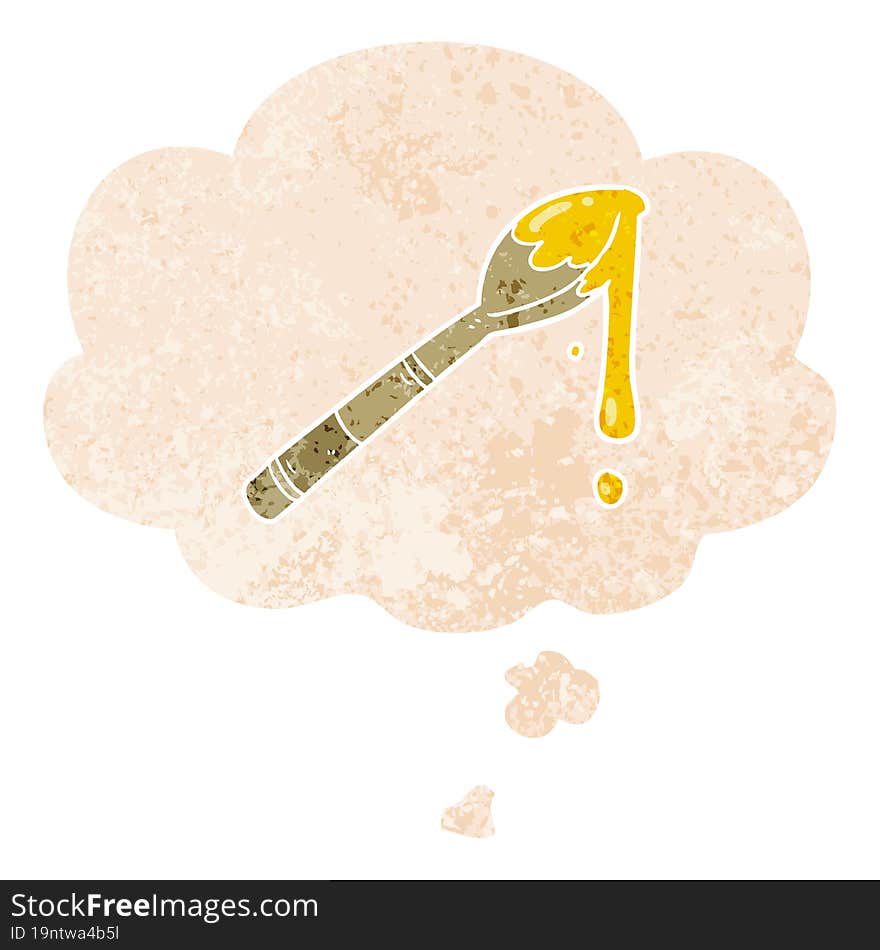 cartoon spoonful of honey and thought bubble in retro textured style