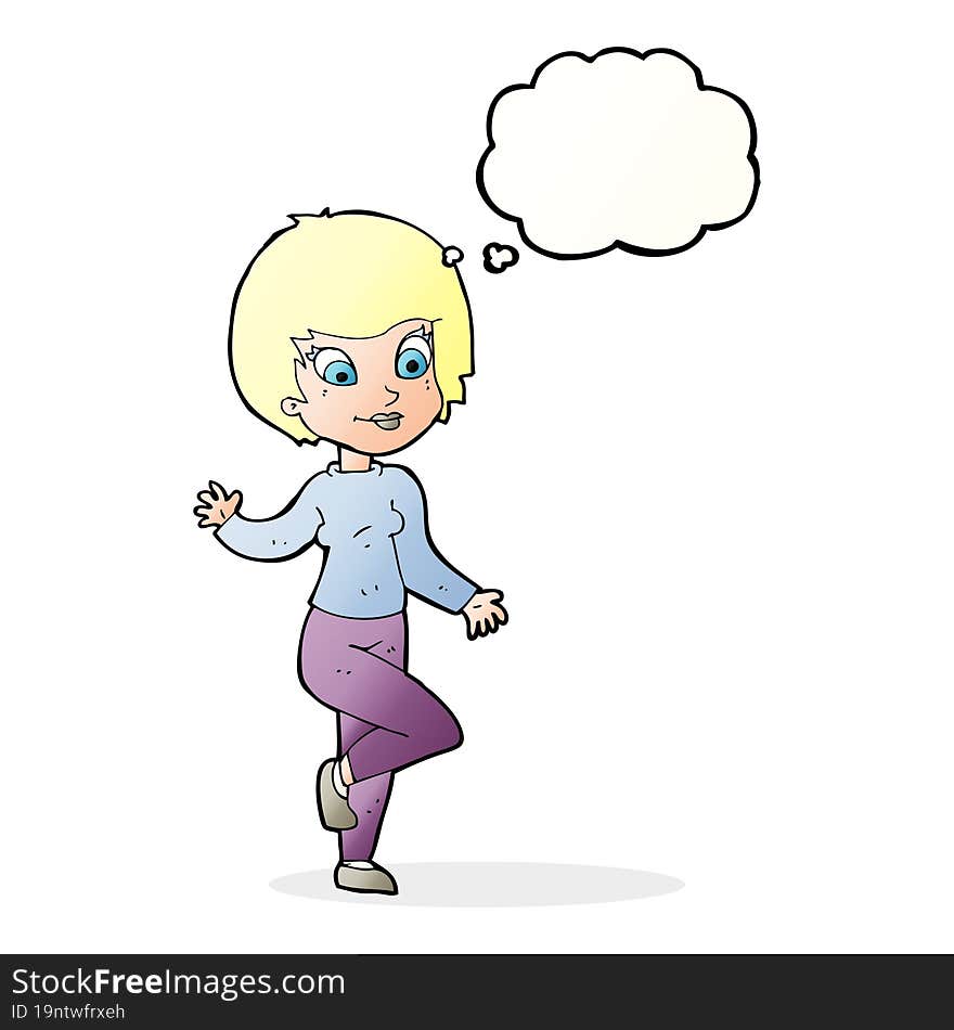 cartoon woman waving with thought bubble