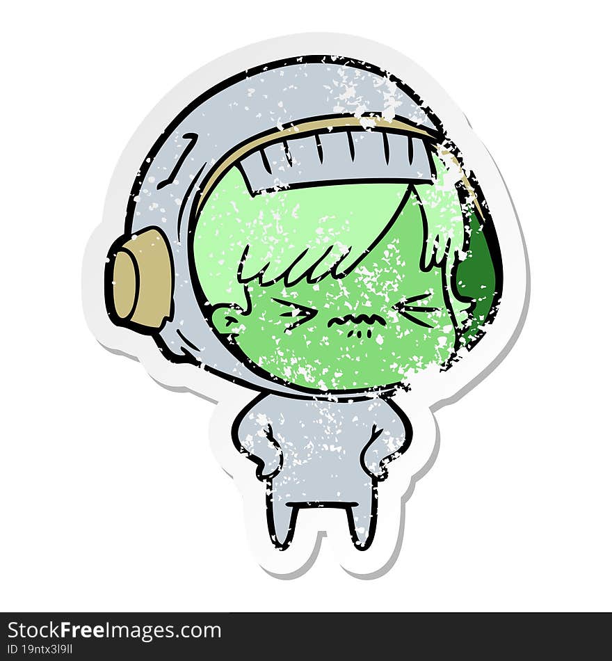 distressed sticker of a cartoon astronaut woman