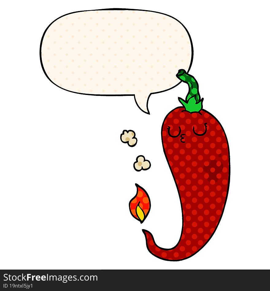 cartoon hot chili pepper and speech bubble in comic book style