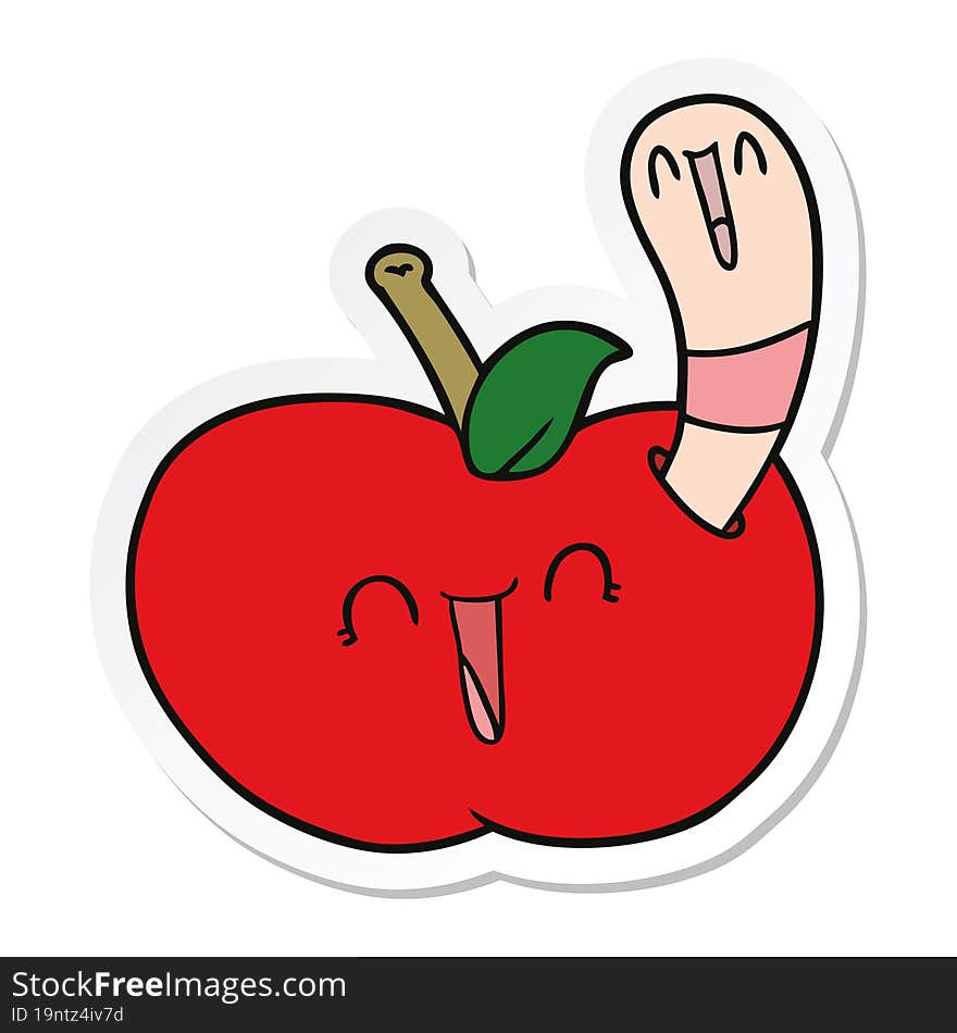 sticker of a cartoon worm in happy apple