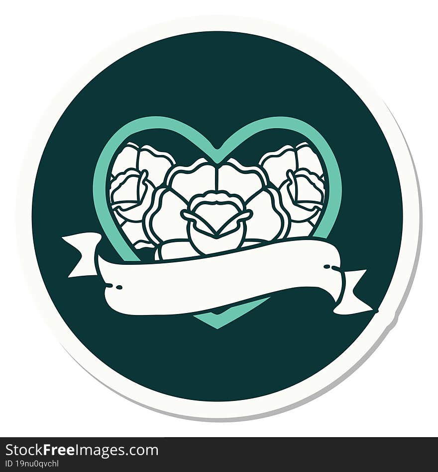 sticker of tattoo in traditional style of a heart and banner with flowers. sticker of tattoo in traditional style of a heart and banner with flowers