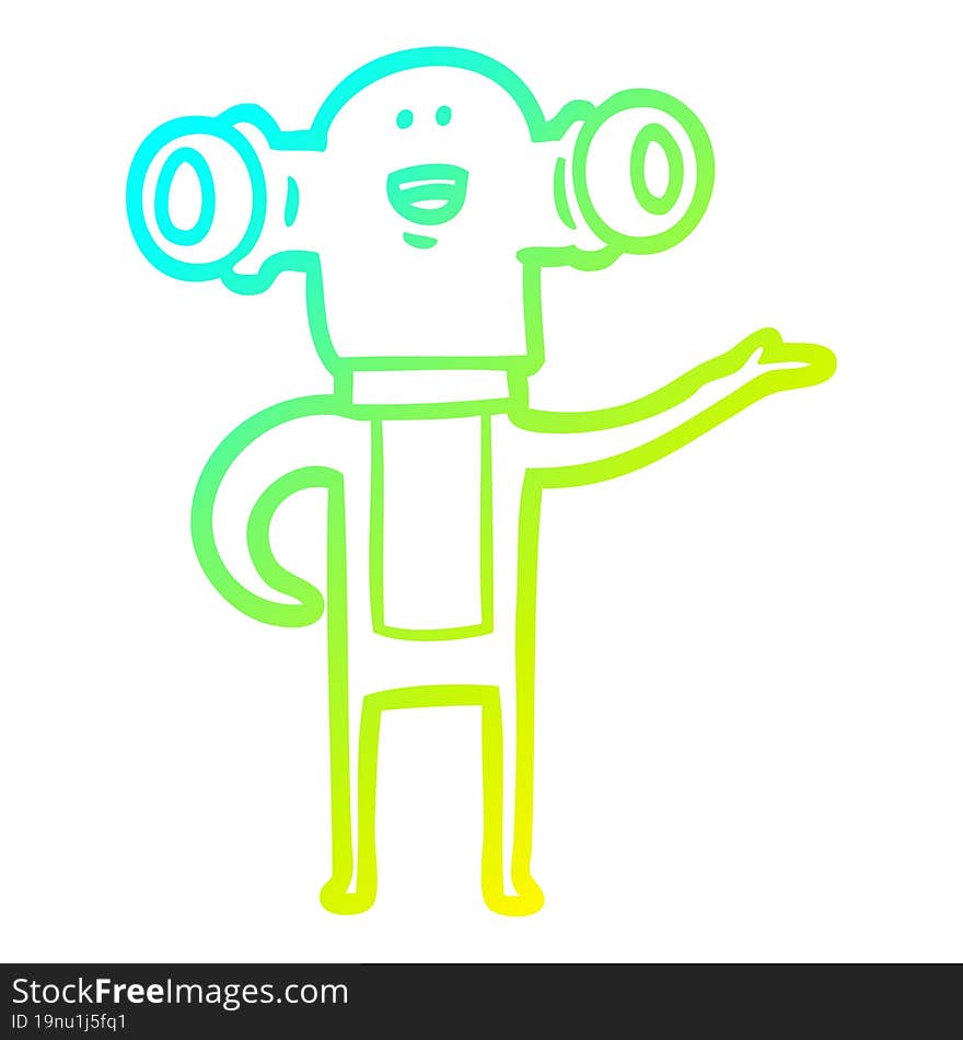 cold gradient line drawing of a friendly cartoon alien gesturing