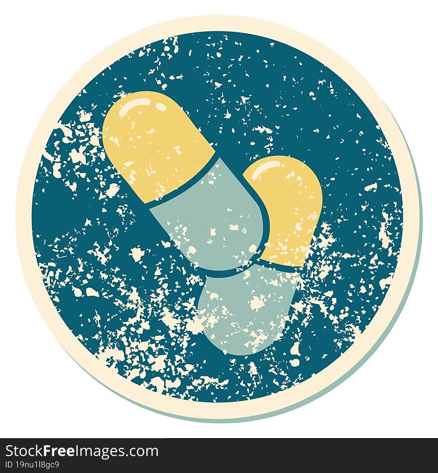 distressed sticker tattoo style icon of a pills