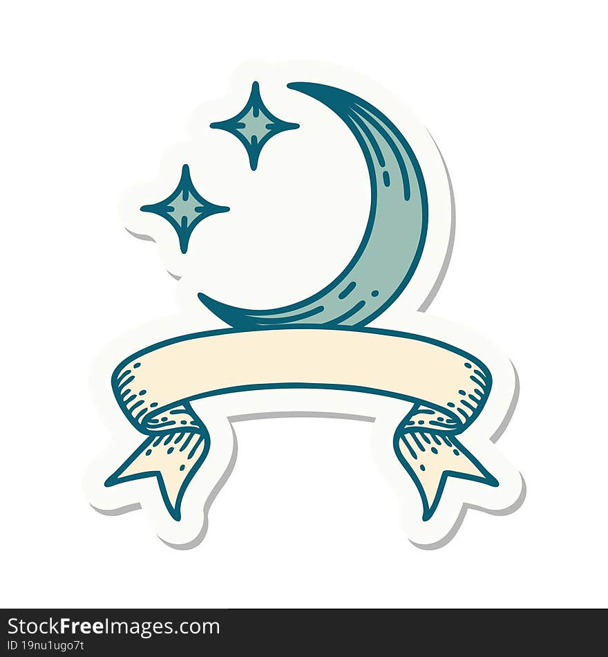 tattoo style sticker with banner of a moon and stars