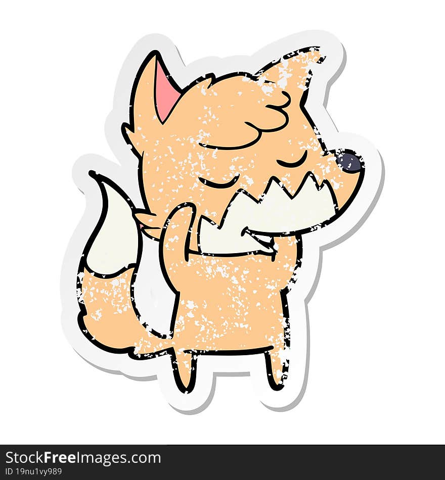 distressed sticker of a friendly cartoon fox