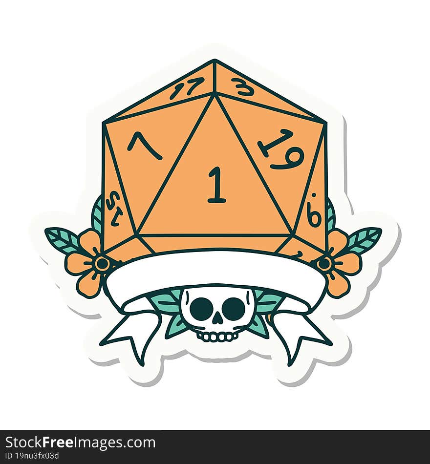 sticker of a natural one d20 dice roll. sticker of a natural one d20 dice roll