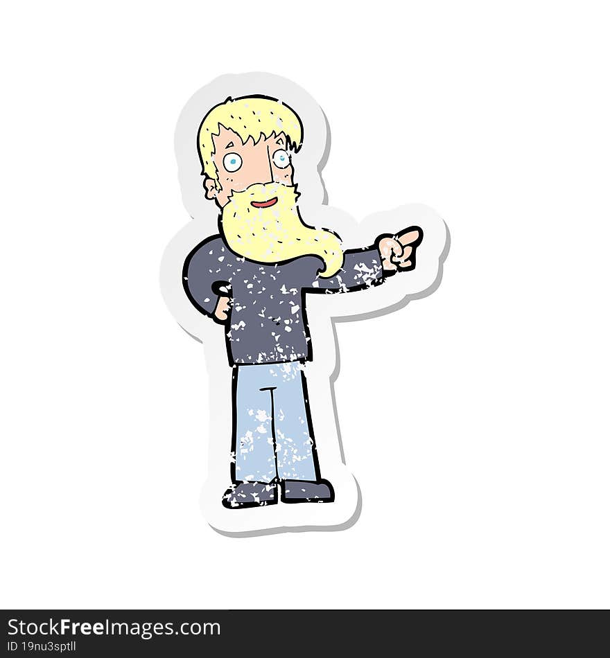 retro distressed sticker of a cartoon man with beard pointing