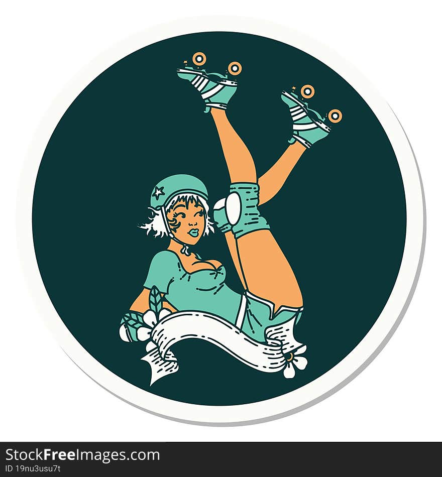 Tattoo Style Sticker Of A Pinup Roller Derby Girl With Banner