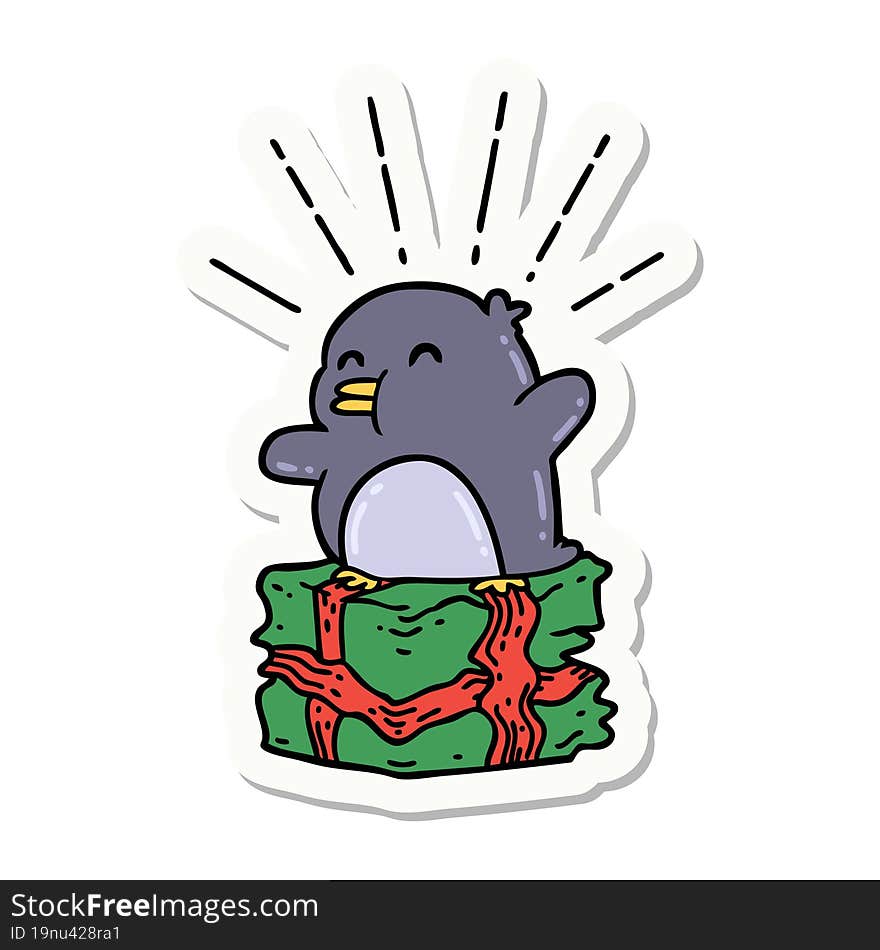 Sticker Of Tattoo Style Penguin Sitting On Present