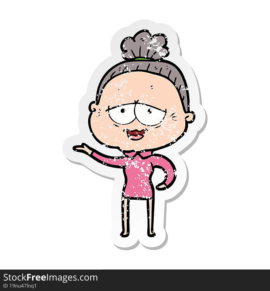 distressed sticker of a cartoon happy old lady