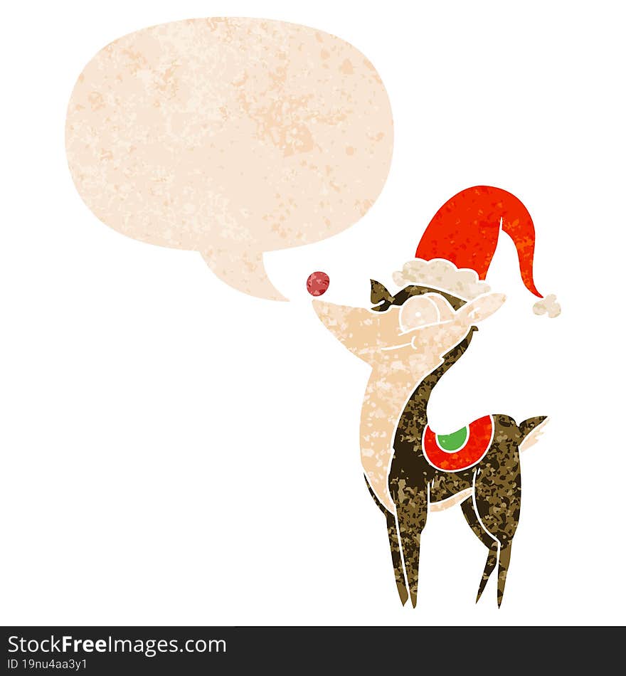 cartoon christmas reindeer and speech bubble in retro textured style