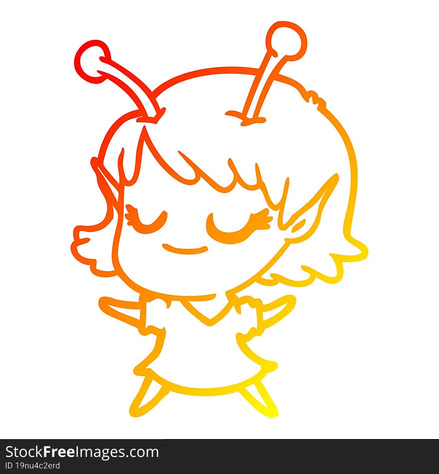 warm gradient line drawing smiling alien girl cartoon