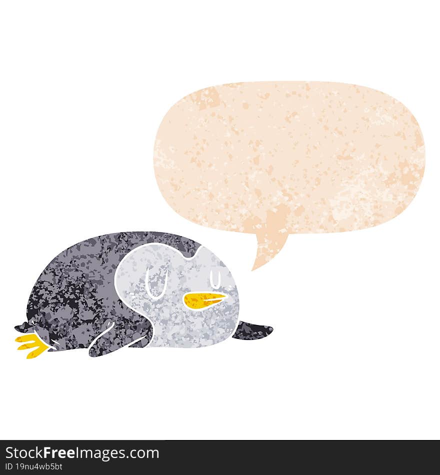 cartoon penguin and speech bubble in retro textured style