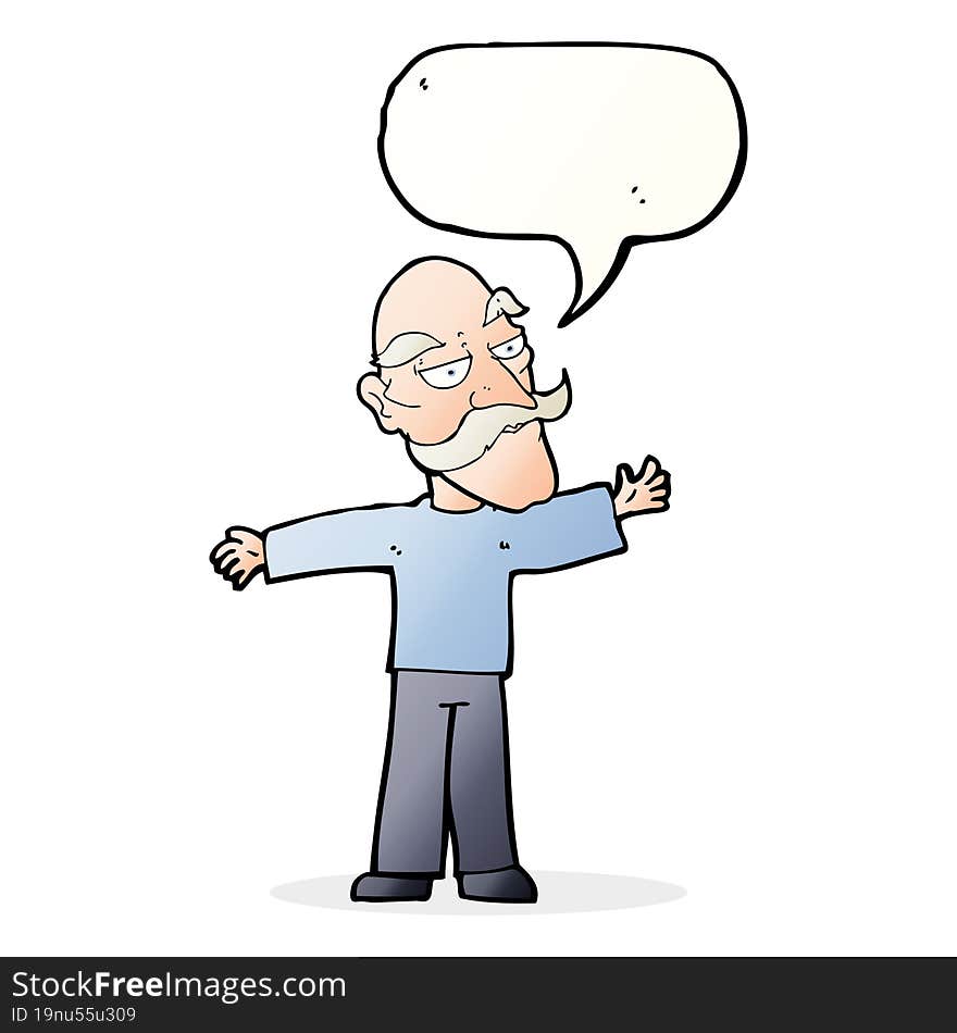 cartoon old man spreading arms wide with speech bubble