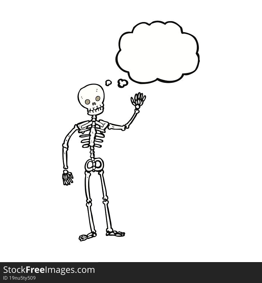 cartoon waving skeleton with thought bubble