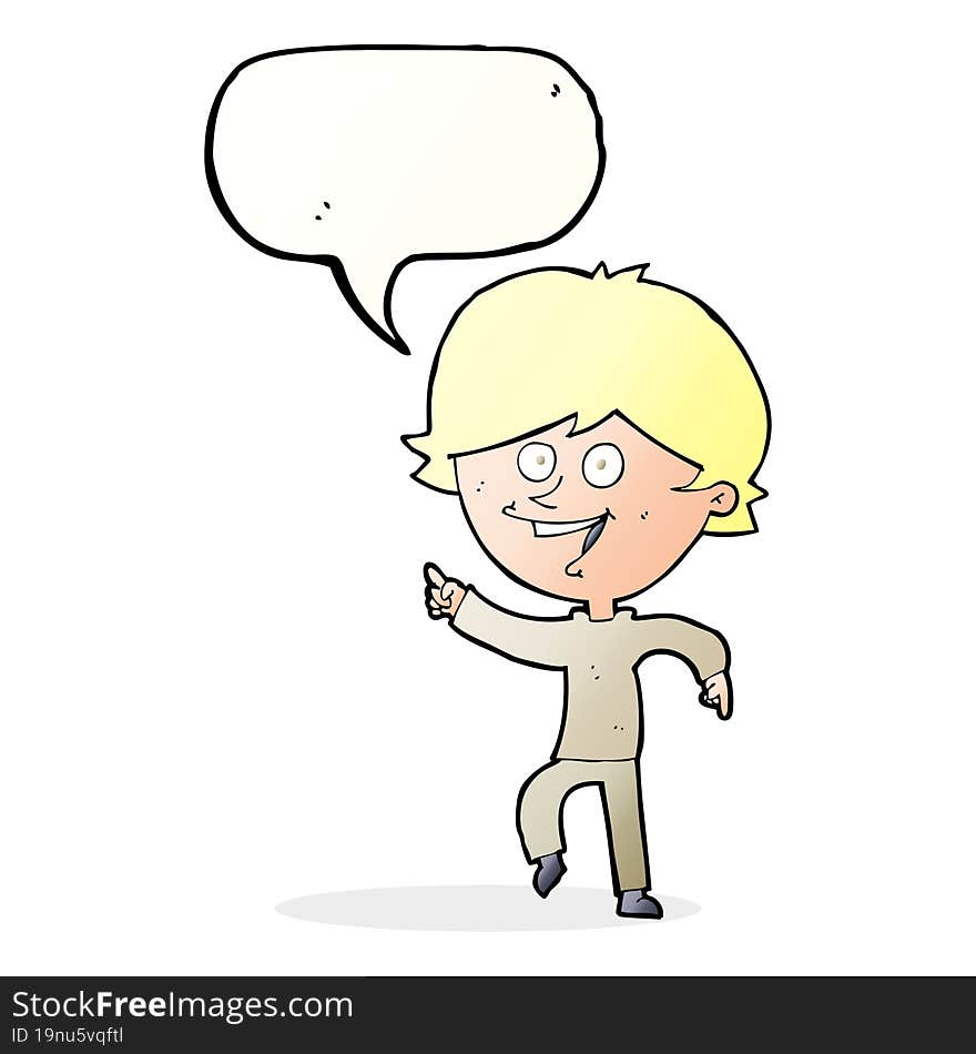 cartoon happy pointing man with speech bubble