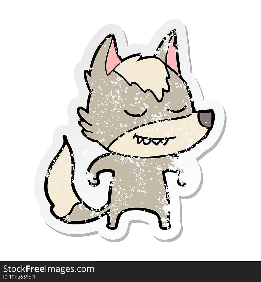 distressed sticker of a friendly cartoon wolf