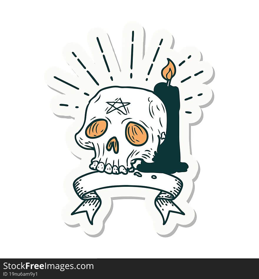 sticker of a tattoo style spooky skull and candle