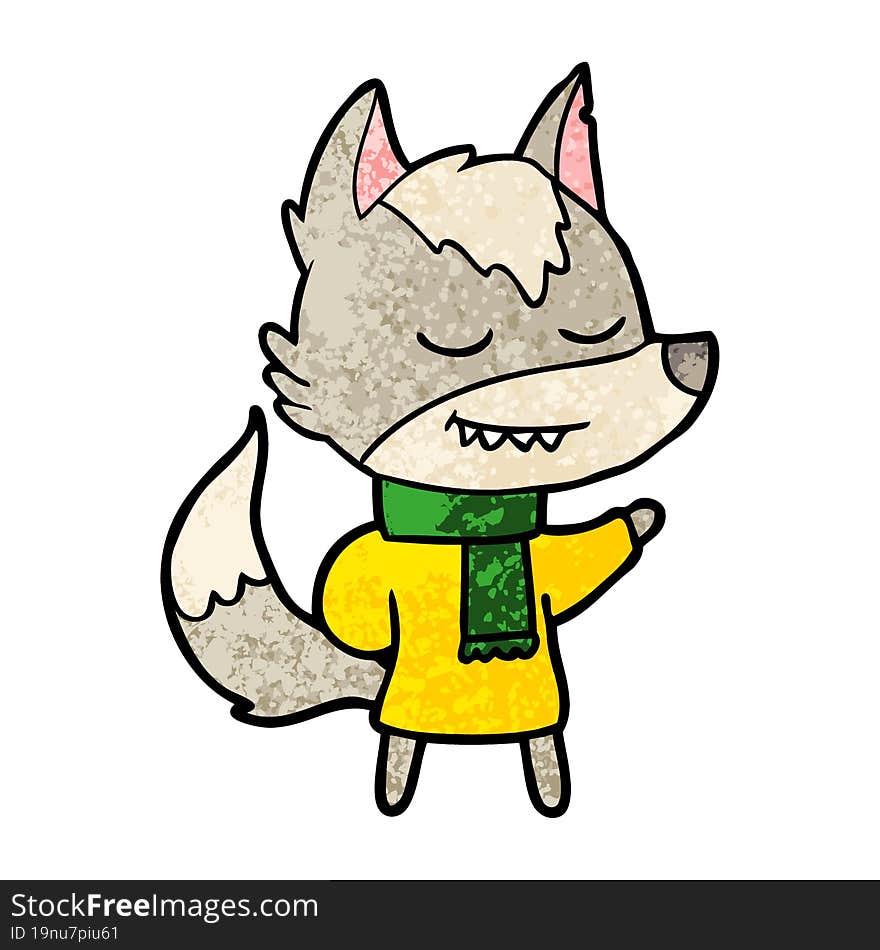 friendly cartoon wolf wearing scarf. friendly cartoon wolf wearing scarf