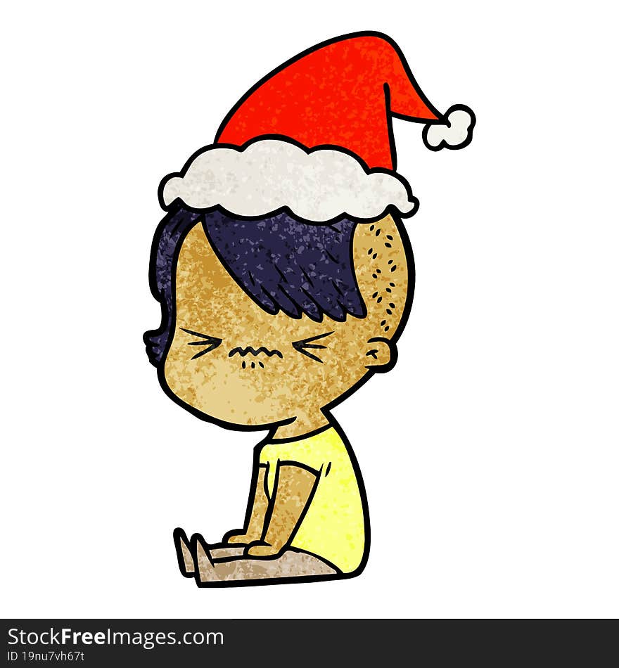 textured cartoon of a annoyed hipster girl wearing santa hat