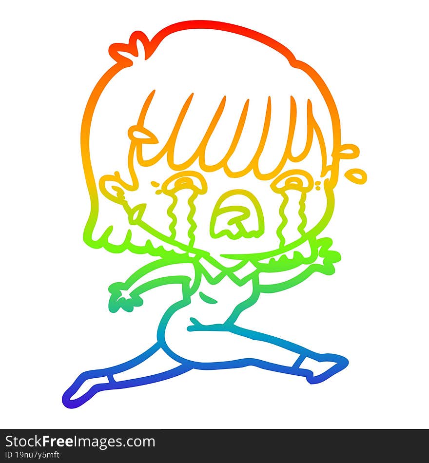 rainbow gradient line drawing of a cartoon girl crying