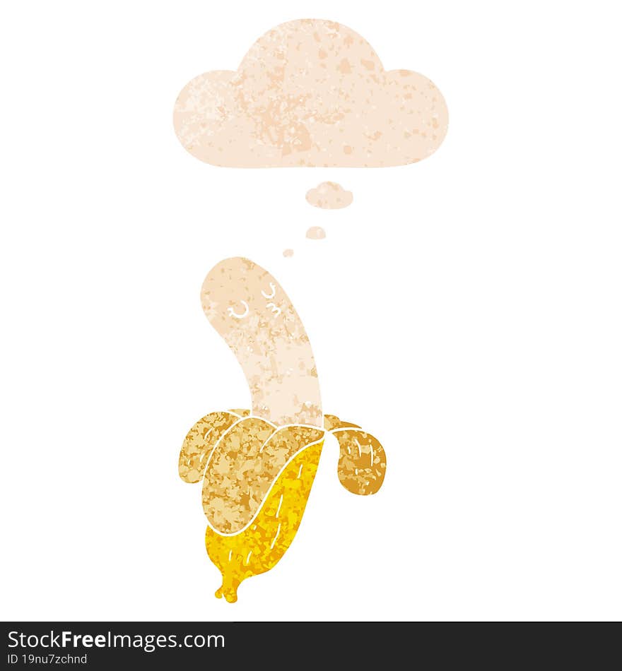 cartoon banana and thought bubble in retro textured style