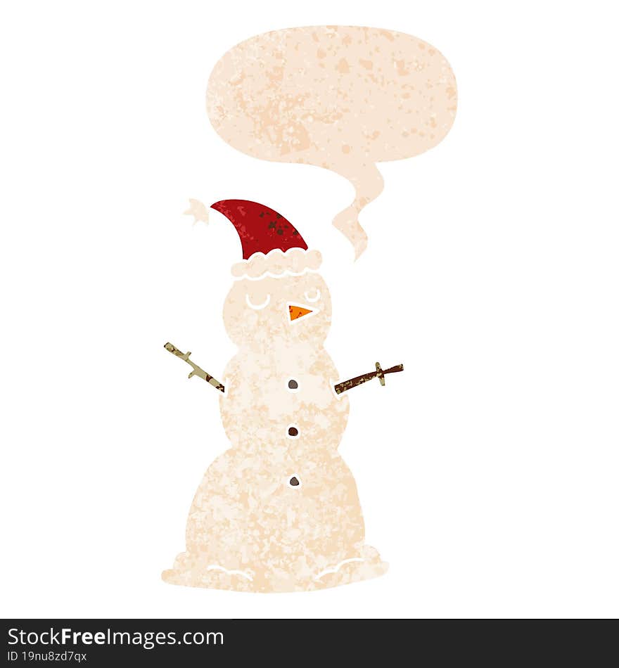 Cartoon Snowman And Speech Bubble In Retro Textured Style