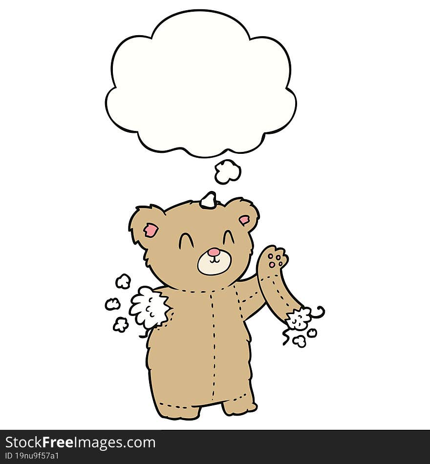 cartoon teddy bear with torn arm and thought bubble