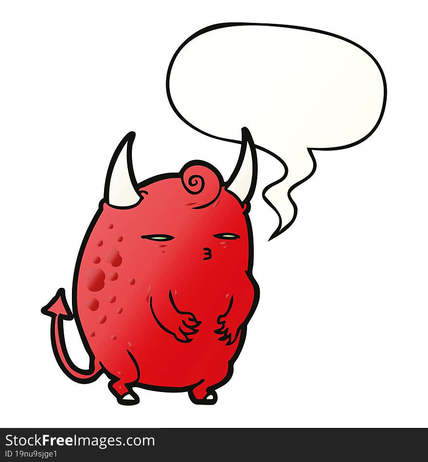 cartoon fat little halloween devil with speech bubble in smooth gradient style