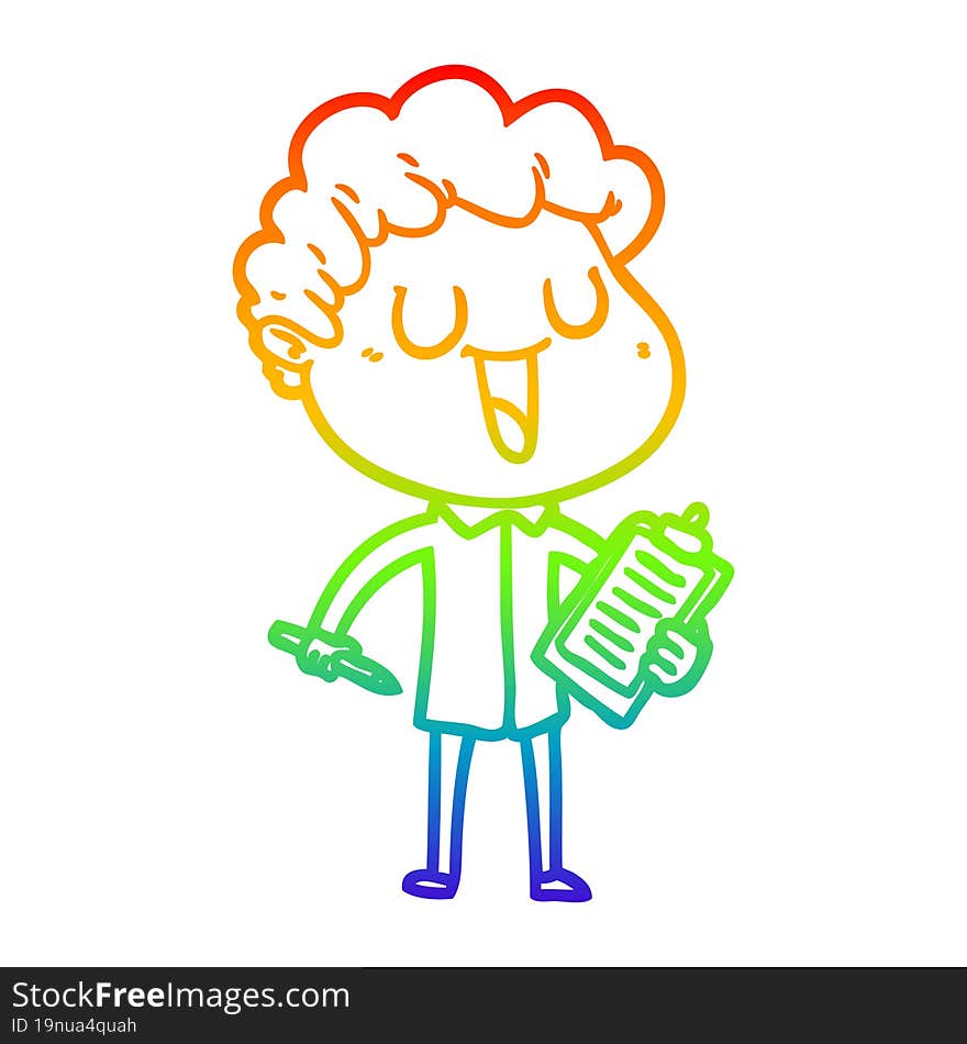 rainbow gradient line drawing of a laughing cartoon man with clipboard and pen