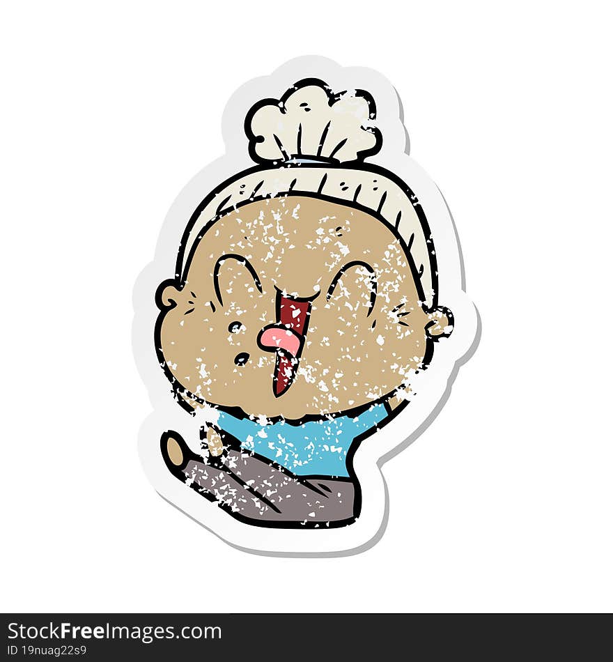 distressed sticker of a cartoon happy old woman