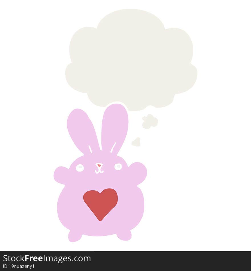 cute cartoon rabbit with love heart and thought bubble in retro style