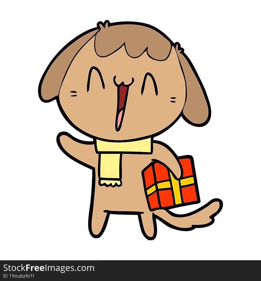 cute cartoon dog with christmas present. cute cartoon dog with christmas present