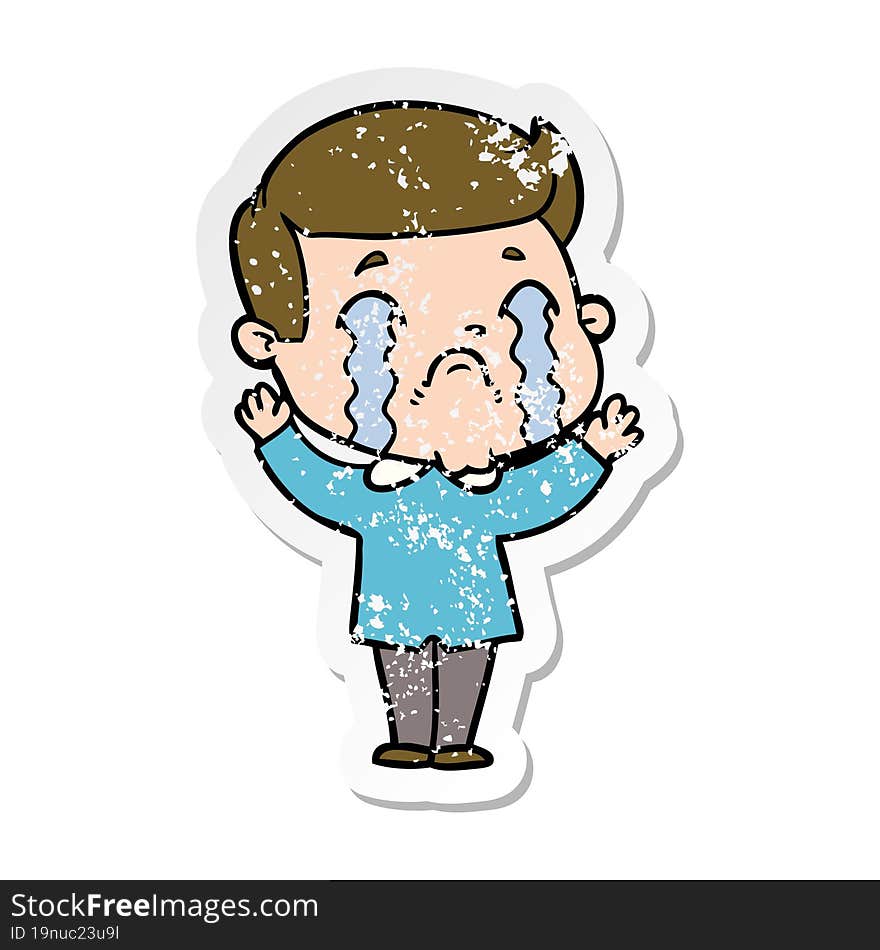 distressed sticker of a cartoon man crying