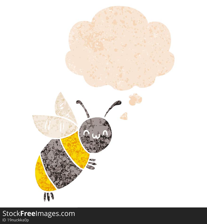 cute cartoon bee with thought bubble in grunge distressed retro textured style. cute cartoon bee with thought bubble in grunge distressed retro textured style