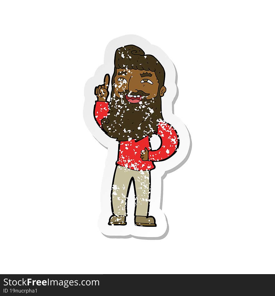 retro distressed sticker of a cartoon happy bearded man with idea